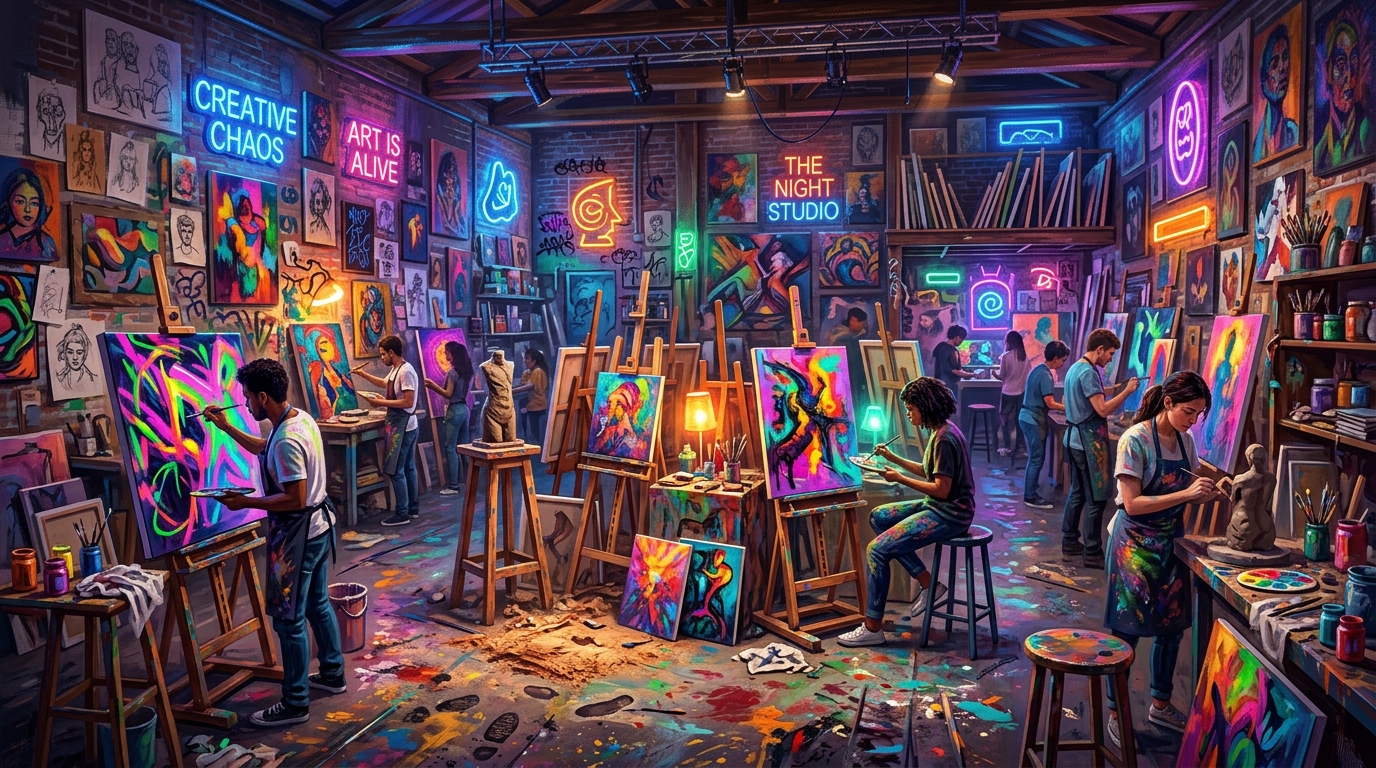 Art School Studio under night glow